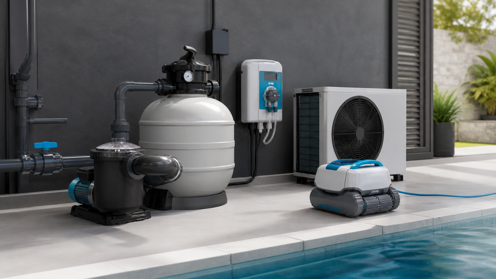 Pumpa, filter, doziranje, toplotna pumpa i robot za bazen